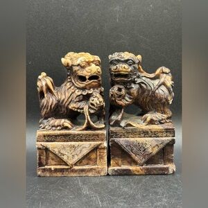 Set 2 Vintage Hand Carved Natural Stone Fu Dog Figures, Temple Lions Foo Dogs